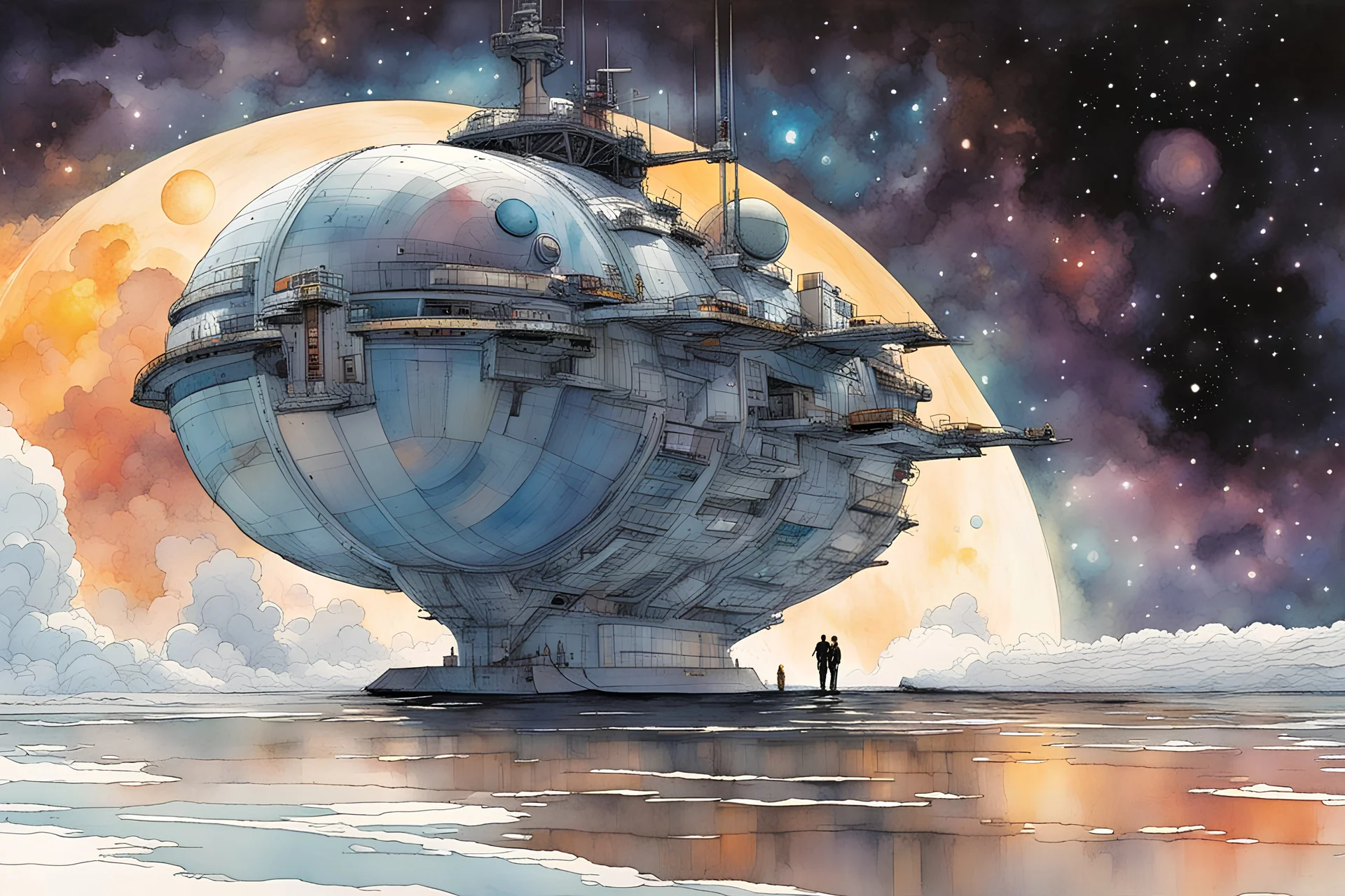 create an interstellar container ship caught in a swirling celestial maelstrom, cosmic patterns, and dreamlike scenes, stars, planets, in the comic book style of Bill Sienkiewicz and Jean Giraud Moebius, ink wash and watercolor, highly detailed and sharply defined