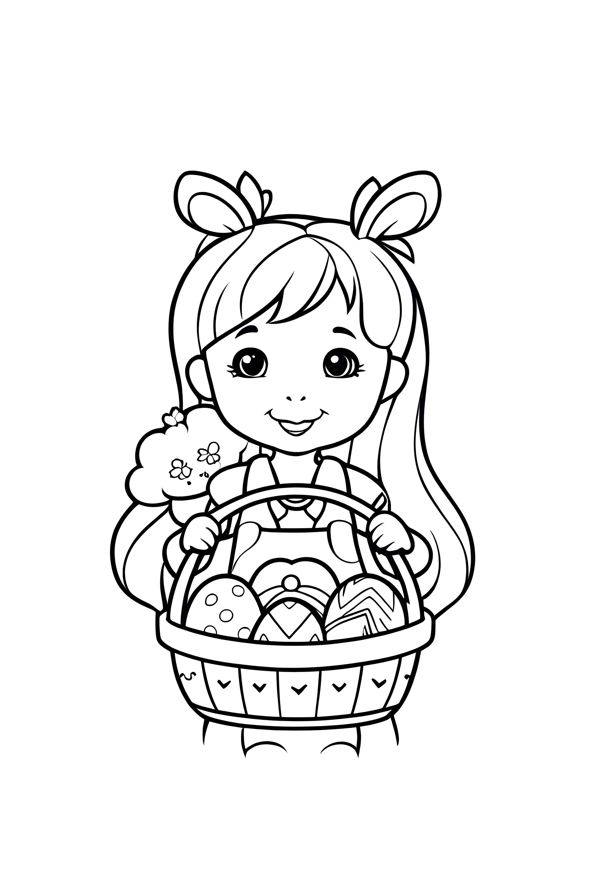 Coloring pages for kids, cardboard style, uncolored, white background, coloring page, design themed easter with a cute girl, coloring page for kids, full body portrait, cartoon style, clean line art middle detailed, white background, black and white, coloring book, free lines, 8k, no shadows, low detail, 2D, high resolution, middle outline, black and white vector art to color, simetrical eyes, perfect anatomy