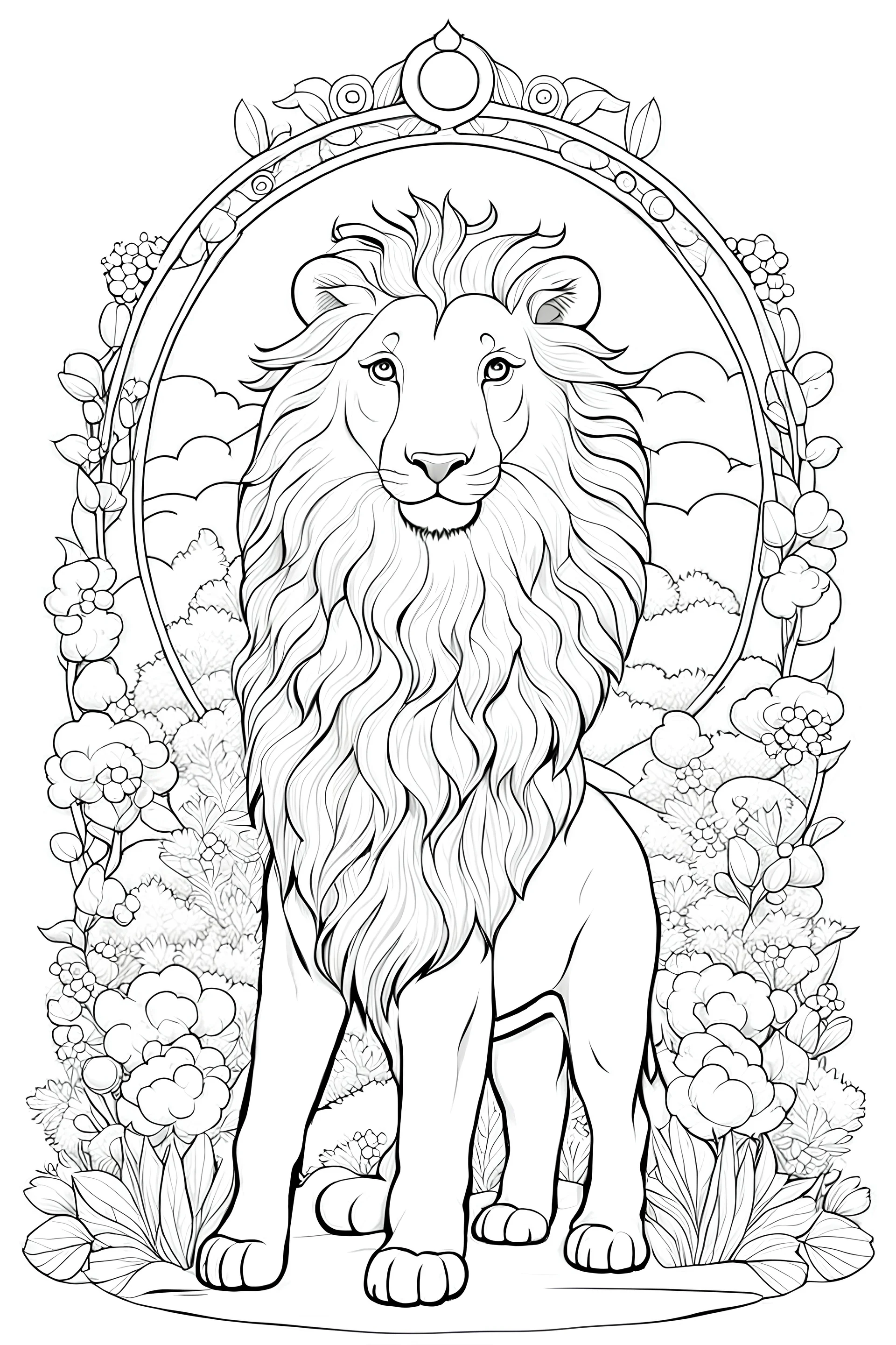 outline art for a kid's coloring page,a scene of a child with a lion and a lamb, white background, sketch style, full body, only use outline, clean art , white background, no shadows and clear well outlined