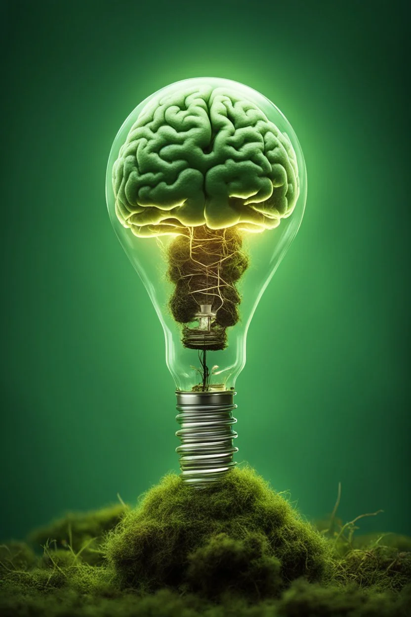 light bulb with brain illuminate inside on green background wuth moss. No light.Green Dark atmosphere