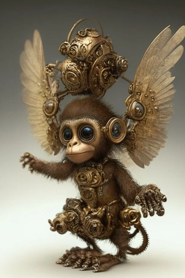 small cute steampunk mechanical monkey, made of metal with mechanical wings, cute hands and feet