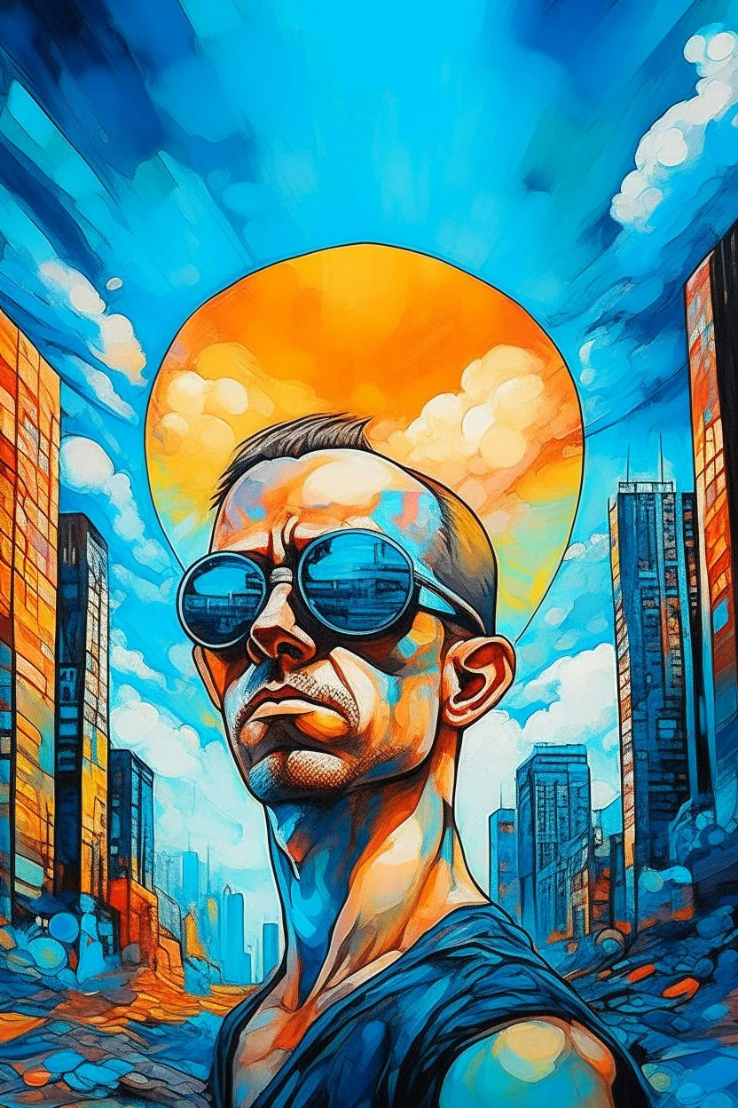 A surreal picture of a man wearing sun glasses looking at the camera with crystal visible chest in side it merge a big city buildings. Busch painting style , mystery, anger oil rough brush with thick colors, wearing nucleus with big cross on his chest , blue colors picture with colorful clouds and hanging a gudrone in the sky from a distance