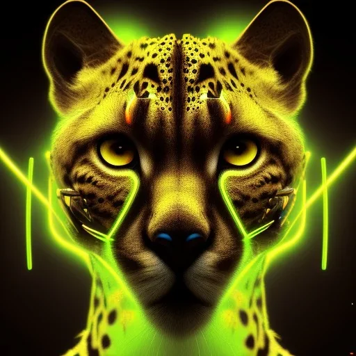 A beautiful portrait of a cyborg cheetah yellow neon color scheme, high key lighting, volumetric light high details psychedelic background