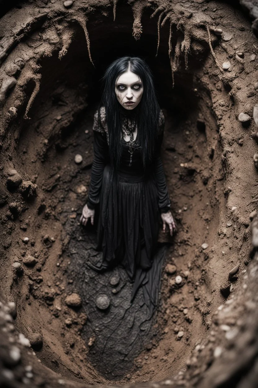 Closeup tall Girl goth with big eyes, fullbody, ragged clothes, behind her mud and rats, extended like roots, the perspective looking up from the bottom of an empty well , 8k,macro photography,