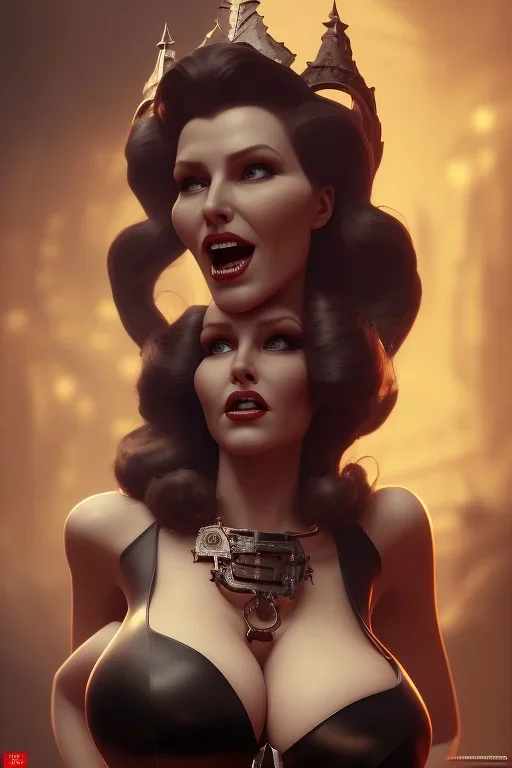 Rita Hayworth as evil queen in black leather, busty, cleavage, dominatrix, curvy, angry, stern look. character design by cory loftis, fenghua zhong, ryohei hase, ismail inceoglu and ruan jia. unreal engine 5, artistic lighting, highly detailed, photorealistic, fantasy