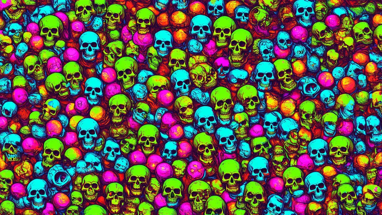 a field of 1000s of cartoonish, anatomically correct, skulls, vivid RANDOM BRIGHT neon colors, dark comedy, well lit, high detail, photorealistic, horrorcore, fun, scary, none featured, each a different color or hue,