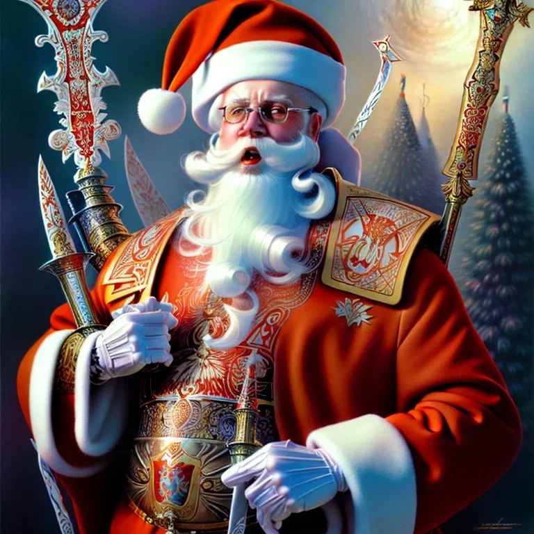 art by brom, santa with a broad sword, ice palace, sexy blonde fairy, russian orthodox