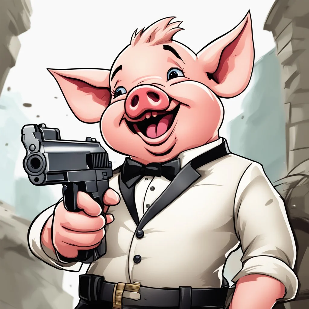 Little pig laughing, armed with a gun, cartoon style, James Bond style, vivid and dark colors, transparent background, 32k UHD