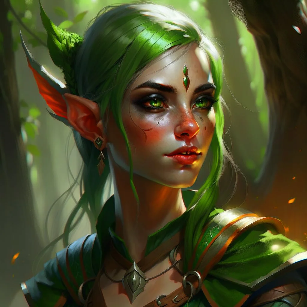 dnd, artistic, illustration, artstation, elf, bright green hair, green eyes, warrior, portrait