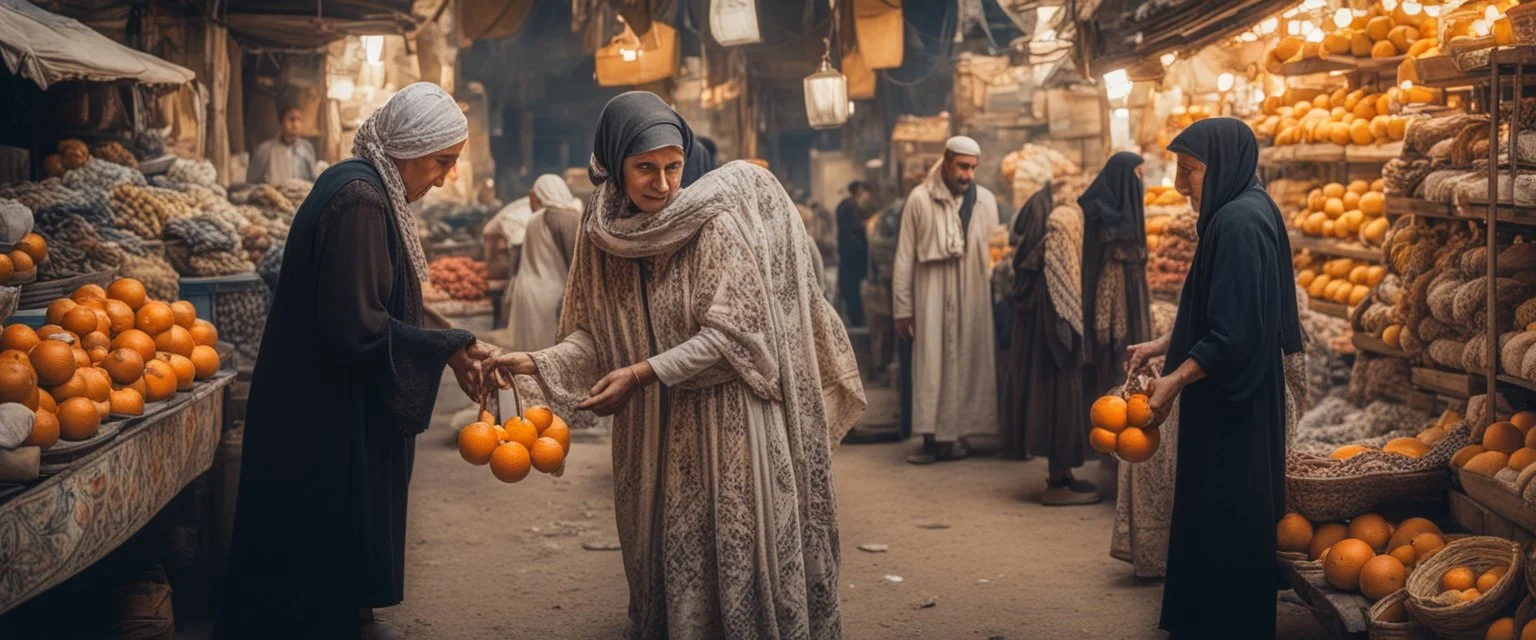 A full-length Palestinian girl wearing an embroidered dress and a white embroidered shawl buys oranges from an old seller wearing a keffiyeh in the market of Jerusalem, 100 years ago, at night with multi-colored lights reflecting on her.