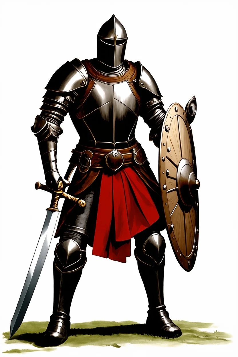 A knight in leather armor, wielding a sword and shield