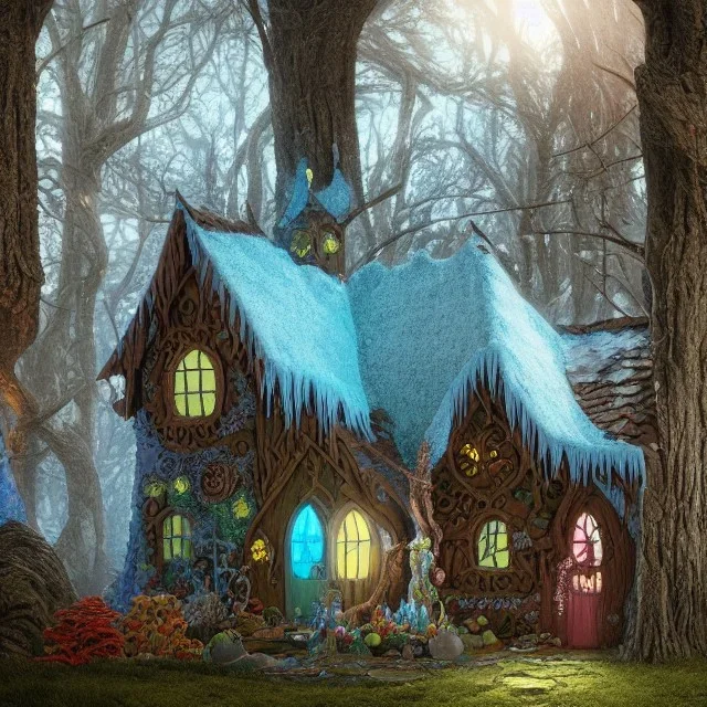 a fantasy witch house in the woods made of gingerbread, cerulean frosting, and pastel candies, 8k, flickering light, centered, high-quality, fine-detail, digital art, detailed matte, volumetric lighting, illustration, 3D octane render, brian froud, howard lyon, ben goossens, George Grie, alphonse mucha