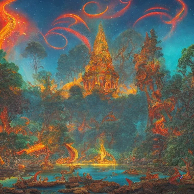 A large and ancient temple made of glowing fire and lava in the middle of a beautiful and large lake full of mermaids with beautiful rainbow-colored tails in the middle of a thick and green forest and surrounded by tall and sturdy trees, complete painting elements And with fine and detailed details, neon color and happy colors, crescent moon and many stars in the sky, painting view from afar, full HD, 8K, 16K, 24K