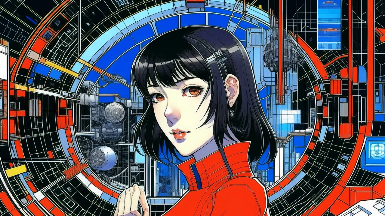 An illustration by Kuniyoshi and Miyazaki of a tech-girl inside a futuristic matrix-grid.