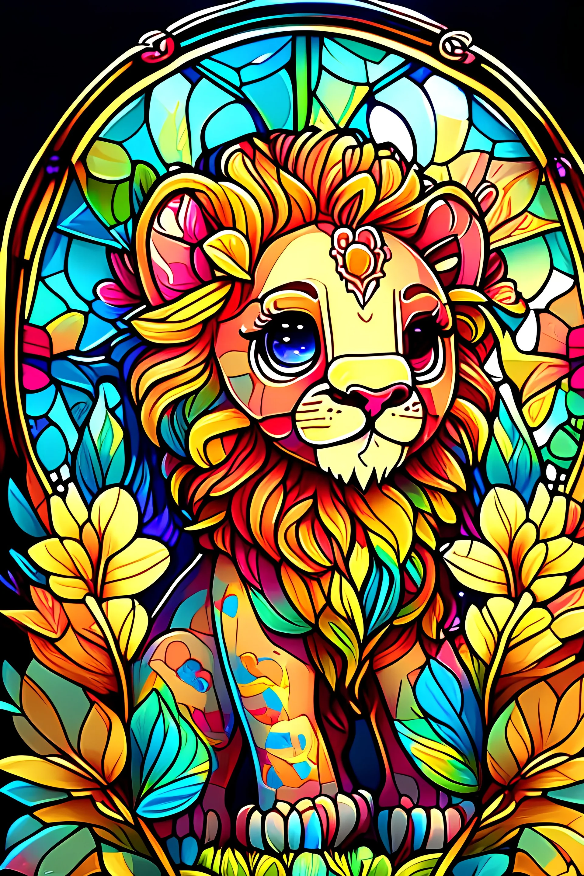 colorful kawaii cute splendid lion cub, perfect flowers, bright deep vibrant color, high detail, 3D vector art, cute and quirky, fantasy art, centered, in frame, stained glass