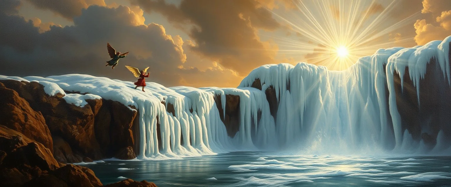 master oil painting by Rembrandt,ice ountain of air water angels singing, display of god rays over blessed earth