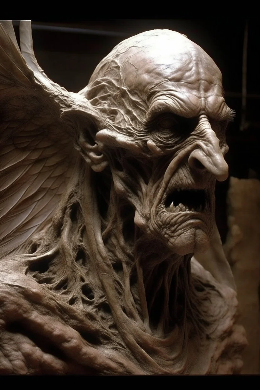 sculpture of a old man with big wings. Multiple faces , decayed and rotting with grotesque proportions and imagery. abstract grotesqueries, detailed texture, surreal horror, biomechanical design, by hr giger and beksinski