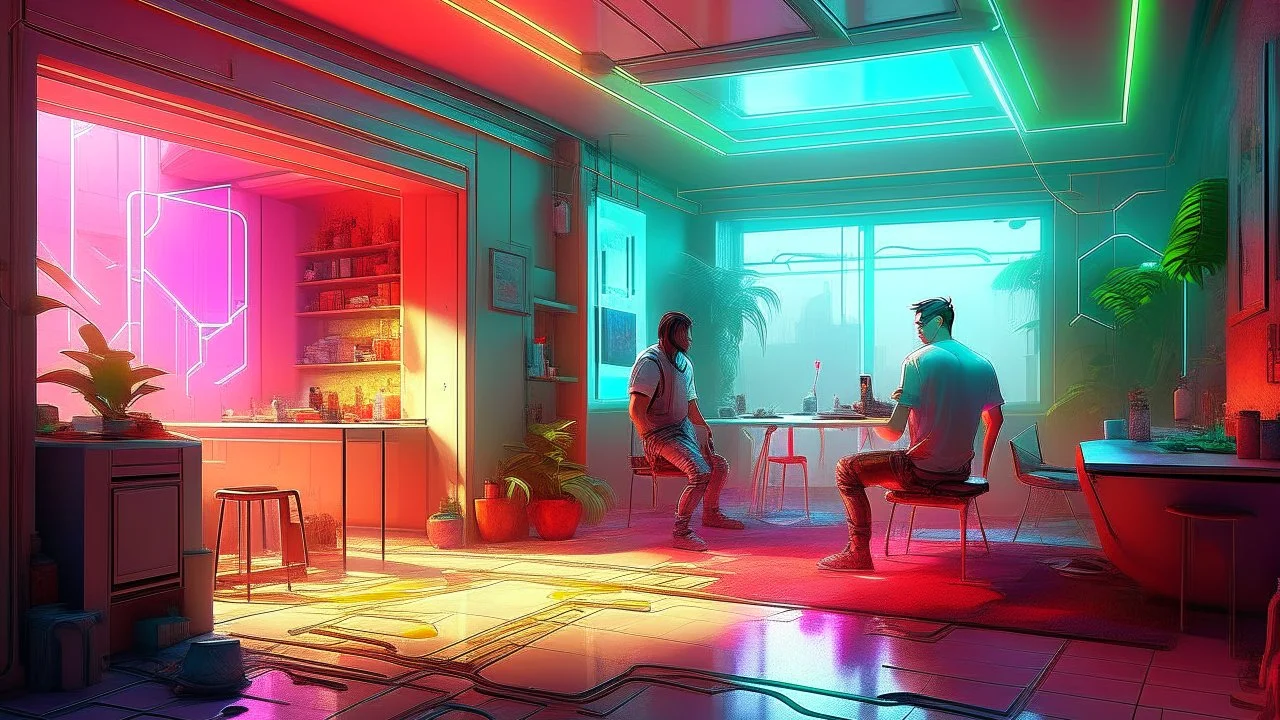 deconstructed interior with figures, soft neon lighting, retro 9 0 s, realistic, intricate, elegant, art, highly detailed, smooth, sharp focus, videogame cover art, concept art, bright colour, ultrarealistic, art by artgerm and greg rutkowski