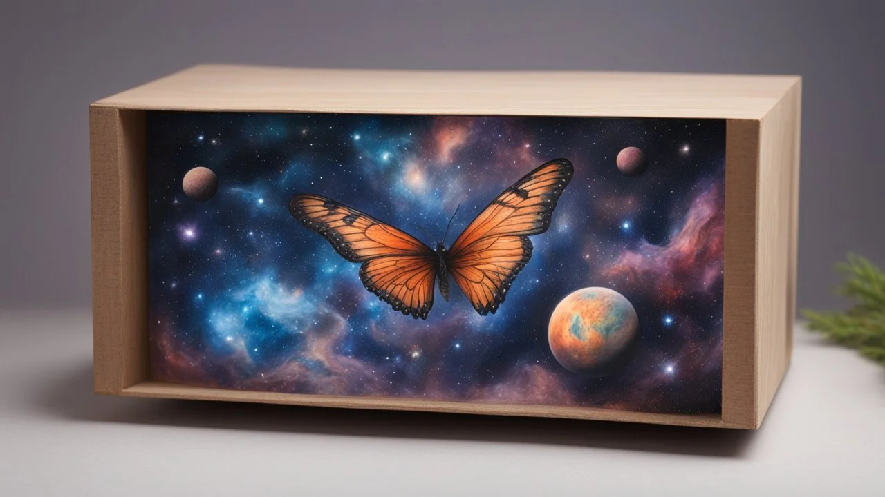 a box 10 cm long by 5 cm wide and 25 cm high, drawn on a box on all sides, butterfly nebula, space, tress, planets, realistic