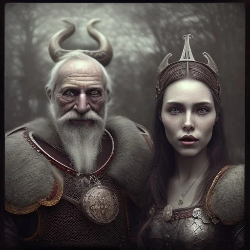 old viking with his wife, scary, steam punk, realistic, made in octane, cinematic, ultra-realistic, extremely detailed octane rendering, 8K, VRAY Super Real ar 2:3, dof photorealistic futuristic 50mm lens hard lighting dark gray tintype photograph, realistic lighting, sepia color