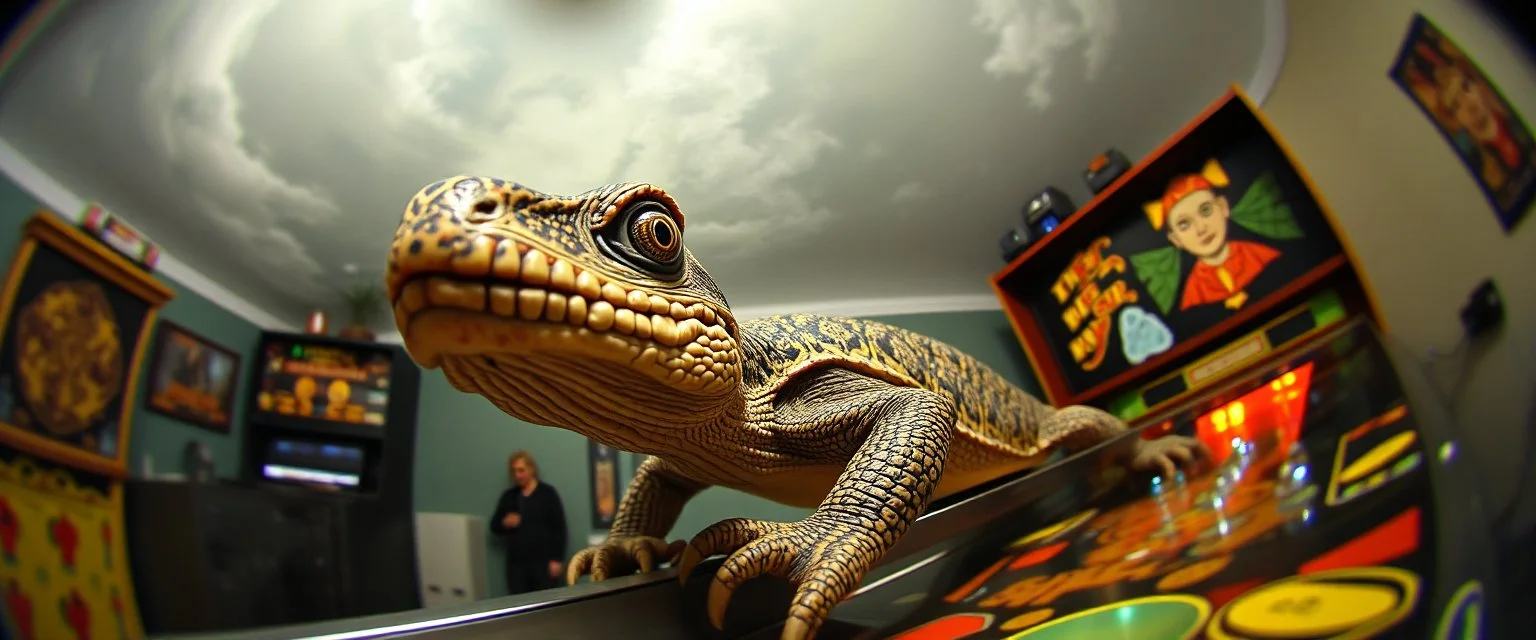 pinhole cam, master oil painting by Rembrandt, good afternoon bitch scary geek gecko dragon turtle, playing pinball