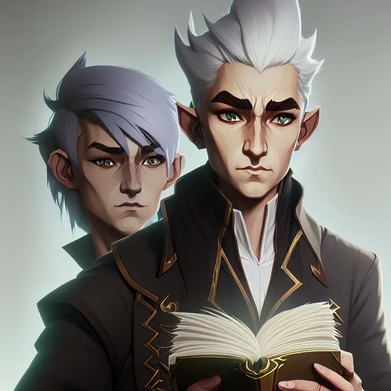 elf with gray hair in beige coat and white shirt reading a tome, studio lighting, nature background, intricately detailed, smooth glowing feathers, trending on artstation