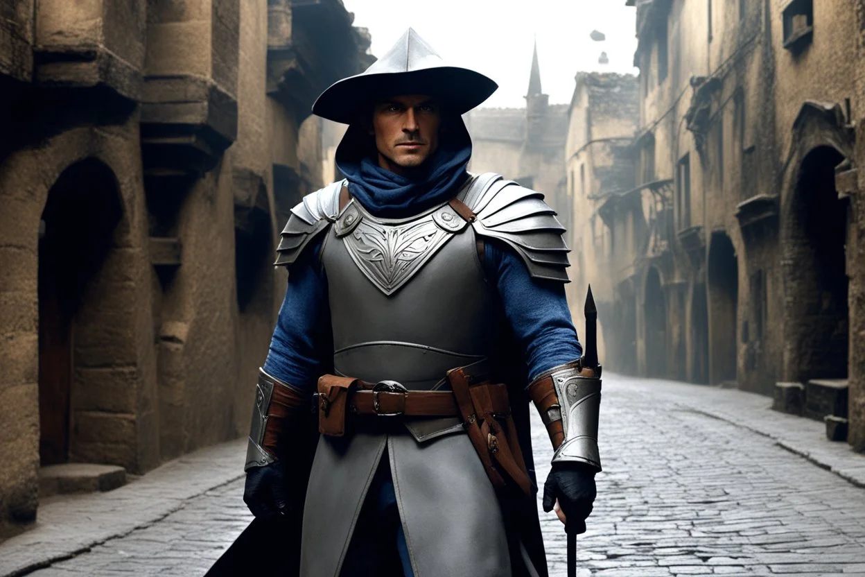(photo from a movie by Lyon Sprague de Camp) a medieval grey ranger as investigator in the mysterious streets of the old city, close to The Goblin Tower, dust, staff, the danger is never far in the shadows of the streets