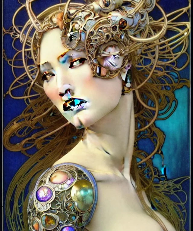 Realistic detailed face portrait of a beautiful futuristic beautiful top model in opus design lent alien glass armor by alphonse mucha, ayami kojima, amano, greg hildebrandt, and mark brooks, female, feminine, art nouveau, ornate italian renaissance cyberpunk, iridescent venetian blown glass, neo - gothic, gothic, character concept.