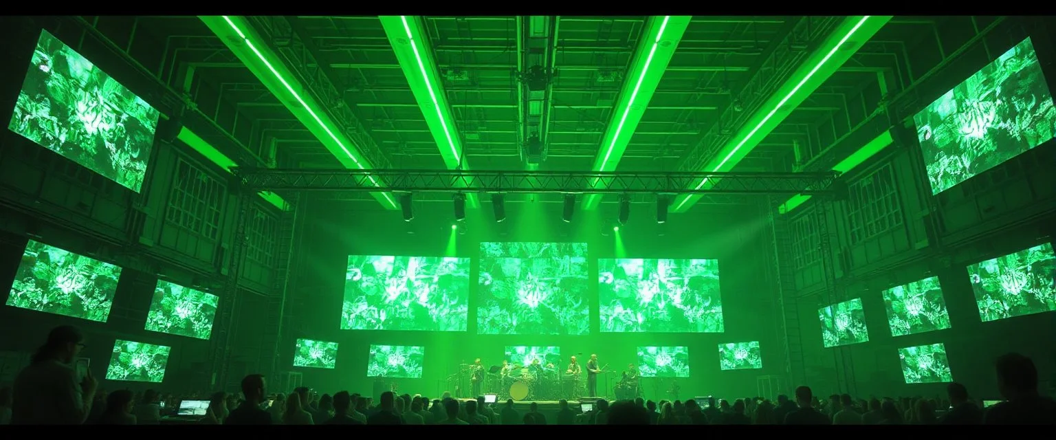 giant industrial halls green tube lighting choir vocals ancient-celtic-meets-cyberpunk imagery synchronized mechanical drumming flickering CRT screens saying SYSTEMA STABILE