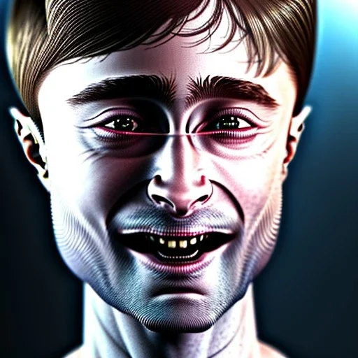 Daniel Radcliffe smiling, close-up head, cyberpunk, realistic, light, ray-tracing, view from left, realistic skin with details