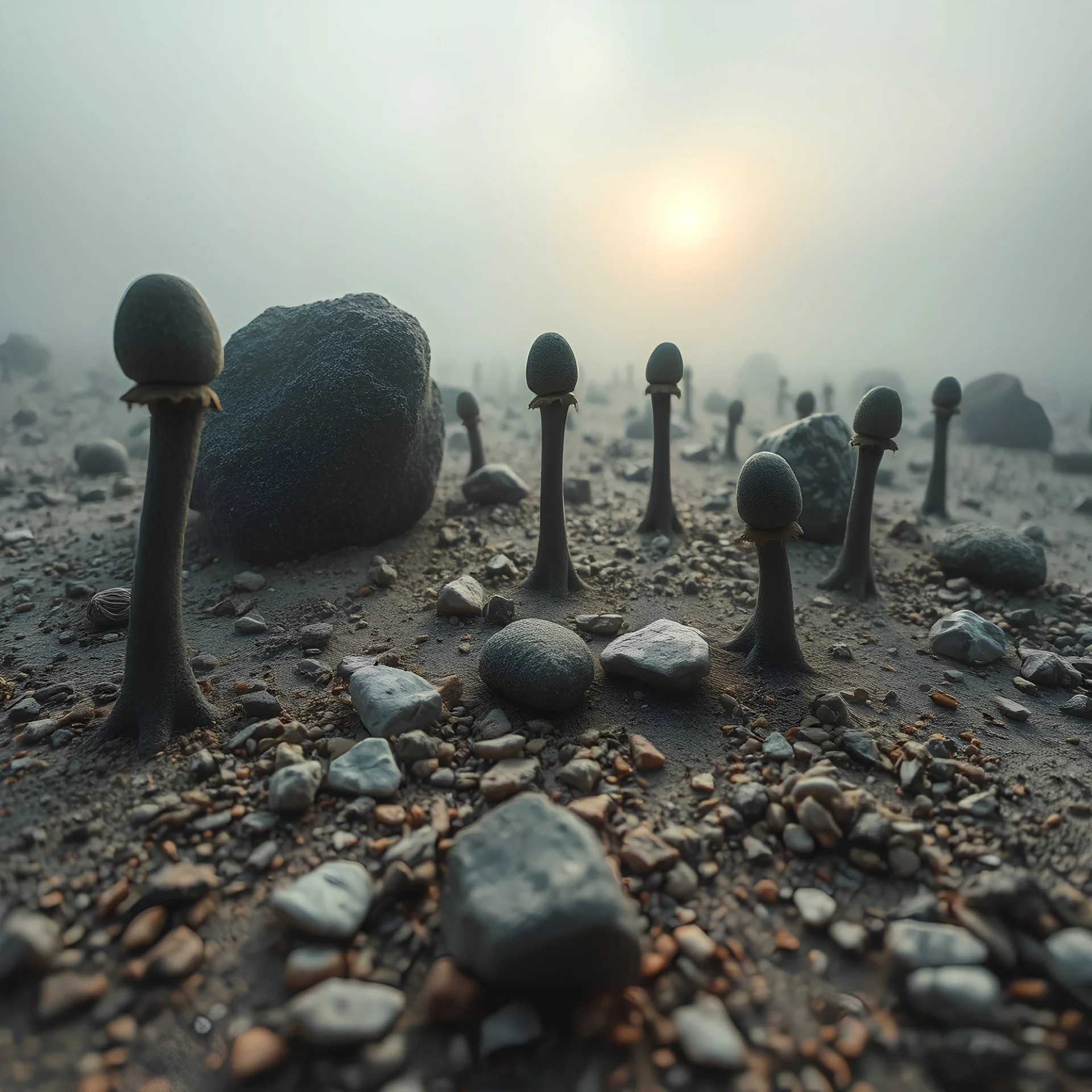 A striking quality close-up photograph captures a wasteland with odd stones, odd spindle-shaped objects, spooky, creepy, details of the dust very accentuated, glossy, organic, adorned with minerals and rocks, fog. Bathed in feeble light, eerie, Max Ernst style, black sun, fog