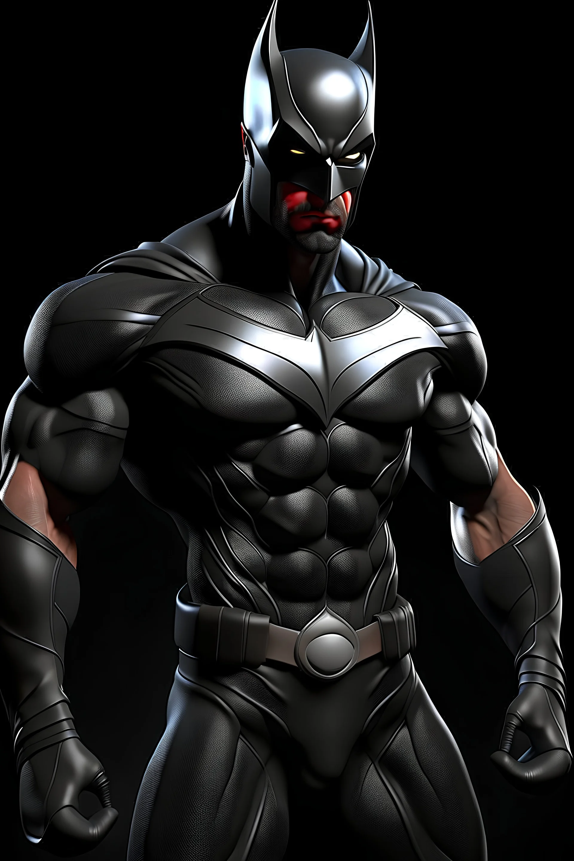 an extremely muscular superhero man wearing a black, skintight, formfitting cowl, a black, skintight, formfitting, Kevlar bodysuit, Silver Wrist Gauntlets, Silver Belt, Silver knee-high boots, black gloves, silver "M" logo on the chest, a mustache and goatee, black gloves, 32k UHD, Hyper Realistic, Photorealistic, realistic, life-like, real life, extremely detailed, extremely sharp, extremely vibrant, extremely colorful, Full color, professional quality, in the art style of Boris Vallejo