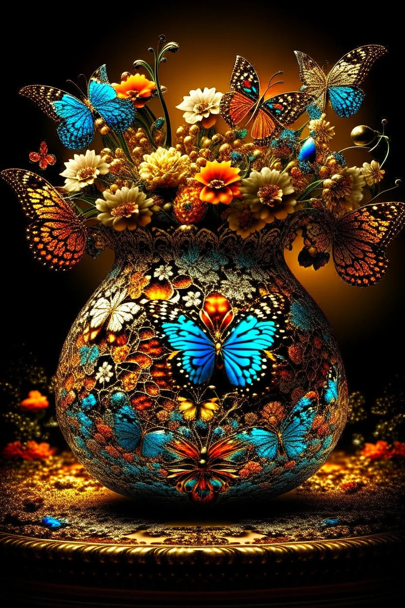 83. digital painting, magic vase woven from butterflies and caramel fractals, rhinestones, radiance, patterns on the tablecloth, bouquet of butterflies, high detail, high resolution, contrast