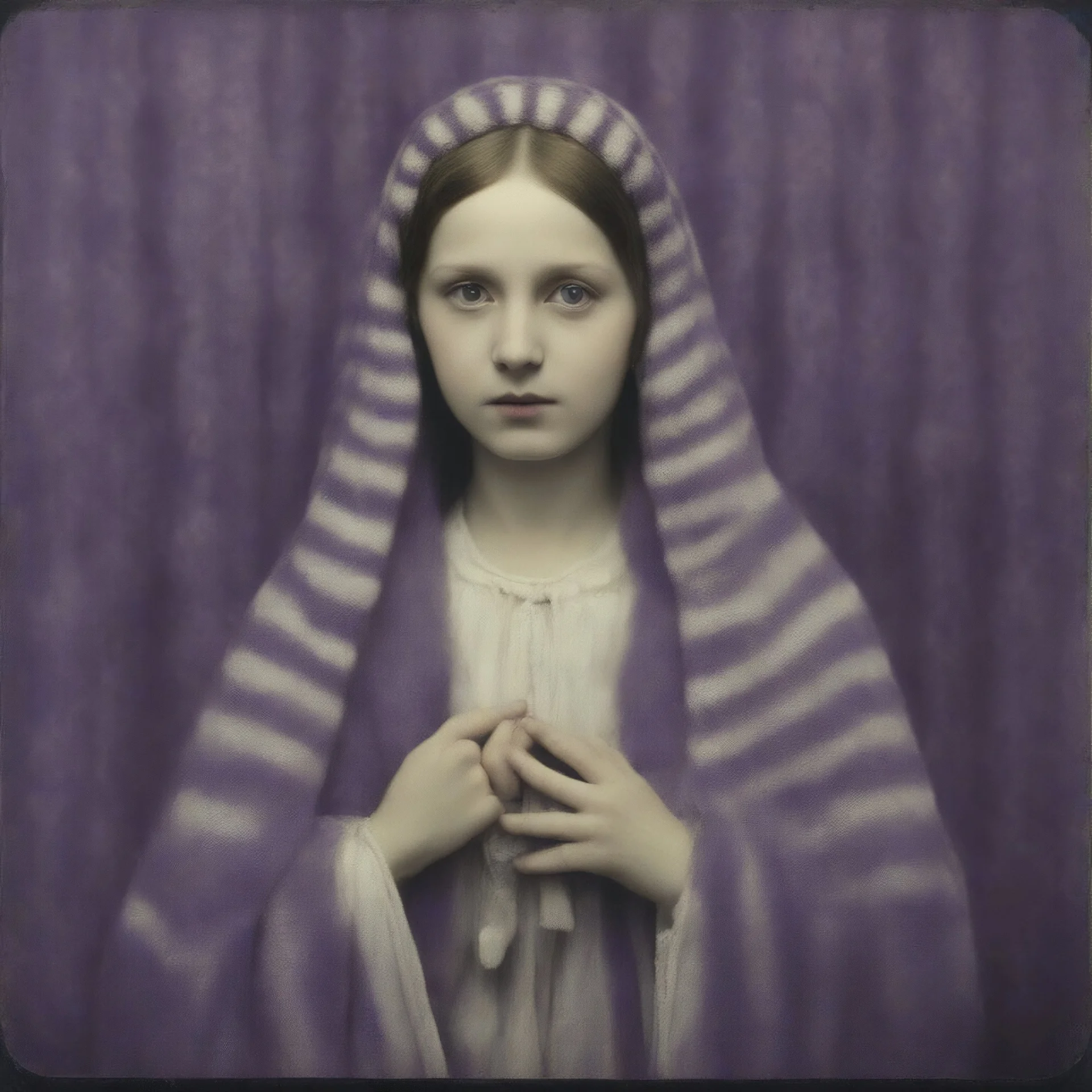 Virgin mary,purple fur, striped wallpaper, old autochrome