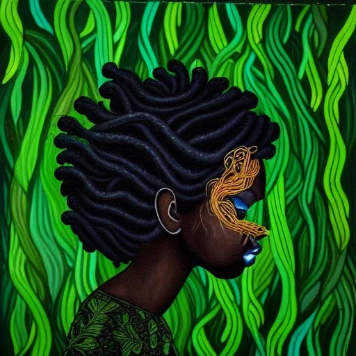 Painting .the face of A young black woman. A wood nymph emerging from the forest. Her hair looks like vines. Dreadlocs. Her skin is the colour of dark soil. Her skin looks like tree bark. Her clothing is made of vines, grass and leaves.