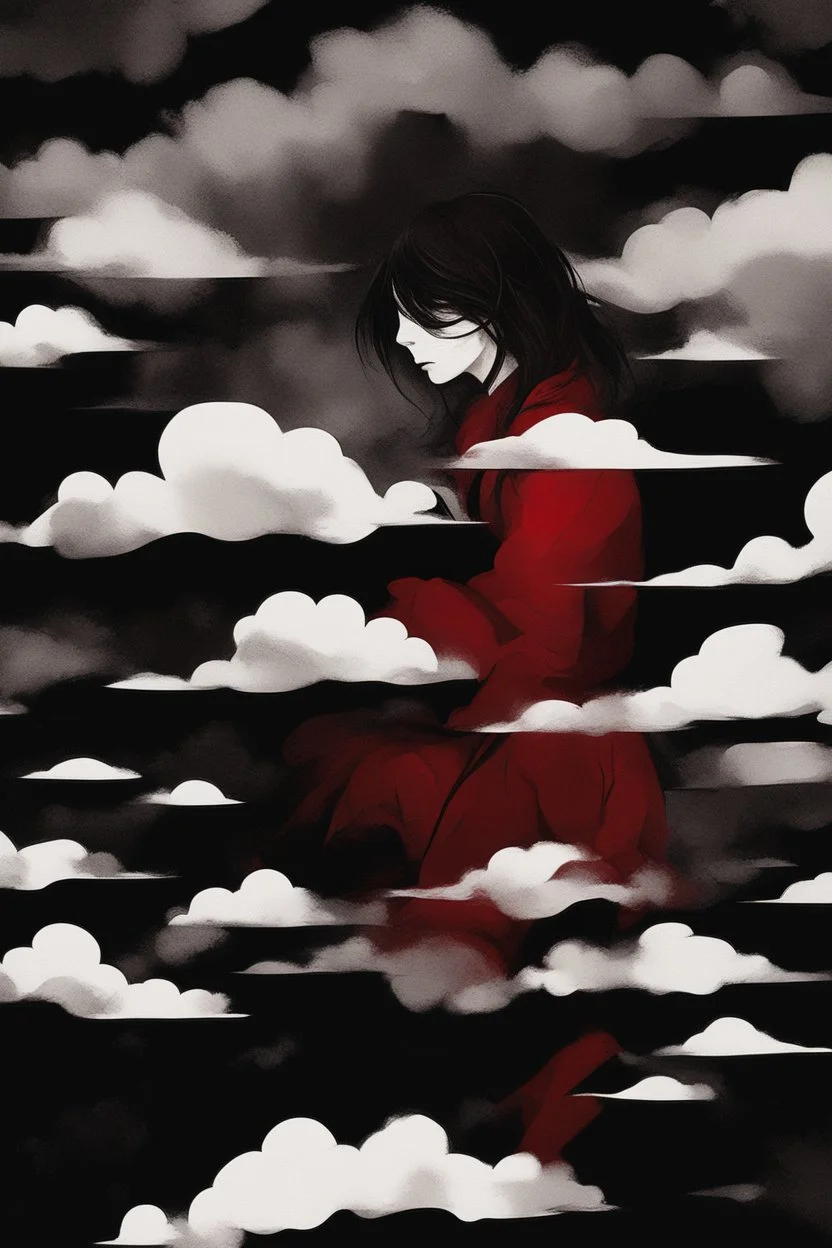 Silhouette, a girl sleeping in the clouds, moody sad dark atmosphere, black background, dark paintbrush, Red over black, 2D