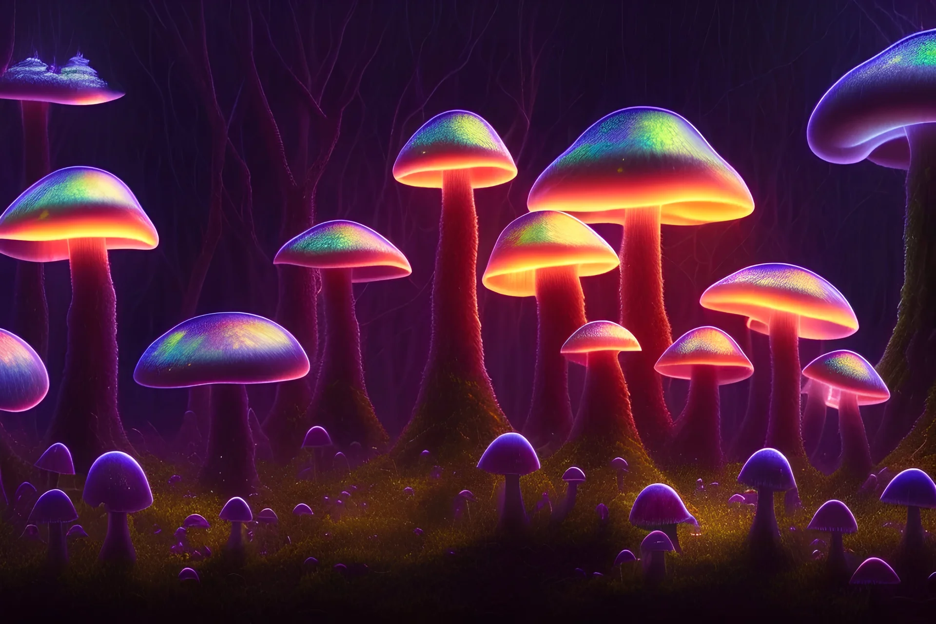 gouache painting, a nightly dark foggy forest with dozens of randomly placed and coloured ( iridescent bioluminiscent translucent ) mushrooms, fireflies, realistic, sharp focus, 8k, hd, dof, insanely detailed, intricate, elegant, volumetric lighting, volumetric clouds, backlight, soft glowing colors, curvature shader