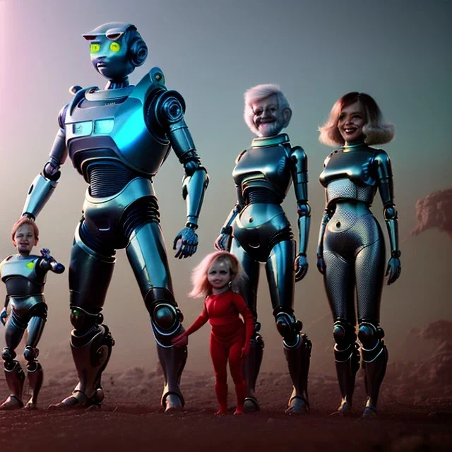 Ultra Realistic home family portrait. father. mother. daughter. alien pet. assistant robot. retro futuristic scene, barbarella style. smile, happy. highly detailed, concept art, unreal engine 5, ray tracing, RTX, lumen lighting, ultra detail, volumetric lighting, 3d, finely drawn, high definition, high resolution.