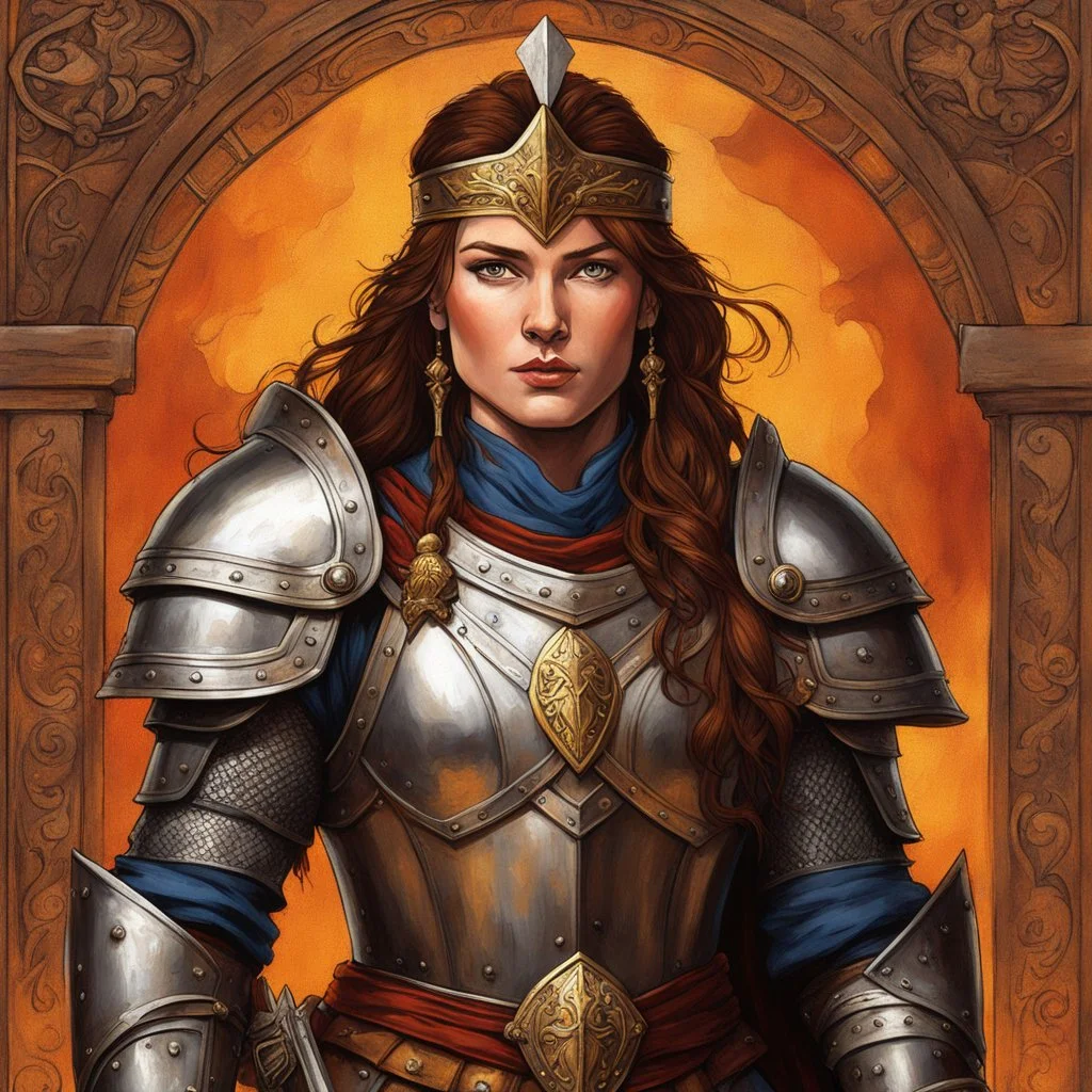 this “Conan Medieval Heroine Portrait” captures a knight’s stoic resolve beneath a tattered amber standard. Designed to evoke noble valor and ancestral legacy, it has a detailed ornate armor, warm hues, and dynamic composition.