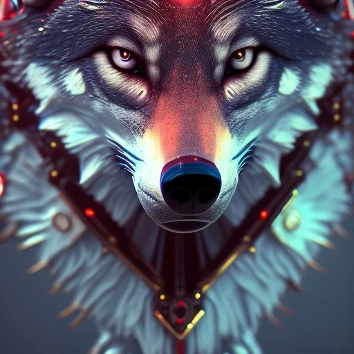 depth of field, Steampunk wolf, extreme detail,ultra realistic,scary, red and blue eyes, Photorealism, macro lens 40mm,bokeh, cinema4d, 8k, unreal engine 5, redshift render, octane render