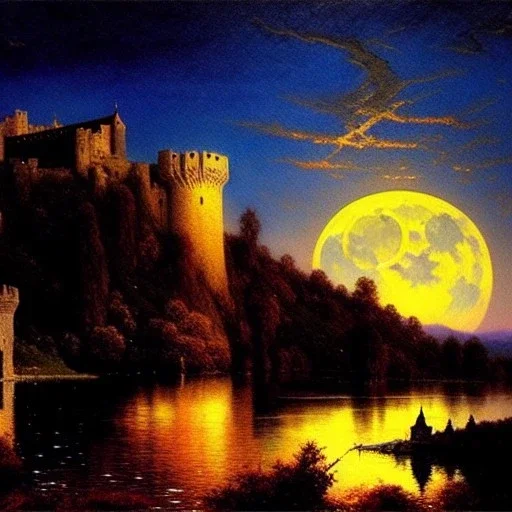 Drawing of 'Medieval Romanian Castle',bats,mountain,lake,full moon, by gaston bussiere, greg rutkowski, yoji shinkawa, yoshitaka amano, tsutomu nihei, donato giancola, tim hildebrandt, oil on canvas, cinematic composition, extreme detail,fit full head inside picture,16k