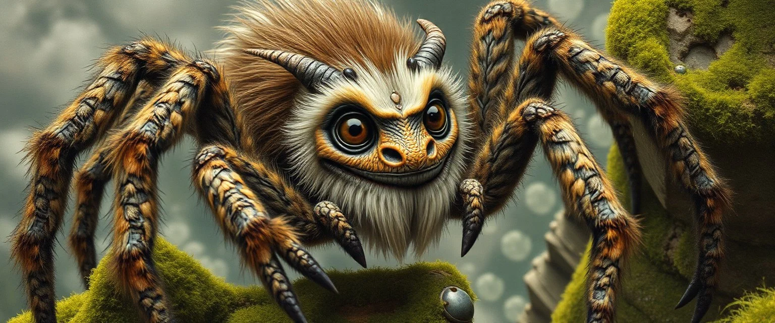 the weird face smart human nerd of a fluffy dragon spider rocker with charm in web from mossy tower, master oil painting by Rembrandt and Escher, moss covered space station, brightened edges to give a sense of depth