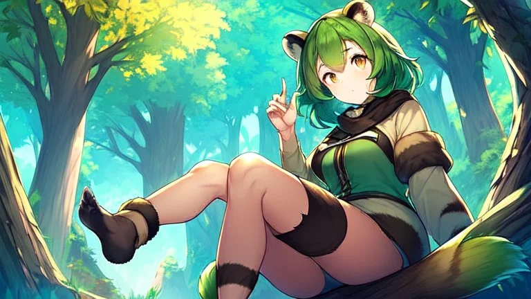 Girl, green hair, raccoon ears, raccoon tail, raccoon face, forest, sit on tree, raccoon paws on hand, paws on foot