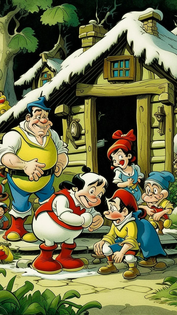 Snow White soon learns that the cottage is the home of seven dwarfs named Doc, Grumpy,who work in a nearby mine. Returning home, they are alarmed to find their cottage clean and suspect that an intruder has invaded their home