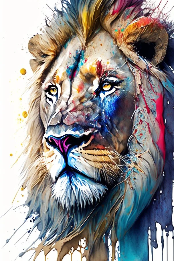 "lion", clean design, art station, splash of colorful paint, contour, ((solid white background)), gazing into camera, hyperdetailed intricately detailed, unreal engine, fantastical, cinema lighting, intricate detail, splash screen, complementary colors, fantasy concept art, 8k resolution, DeviantArt masterpiece, watercolor, paint dripping