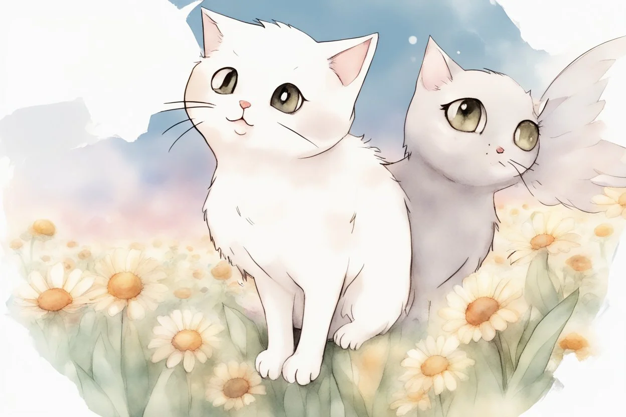 two cute anime chibi cats on either side of the picture looking at a pigeon in the top centre of the picture, flying with an envelope in its mouth in sunshine, flowerfield, watercolor and black ink outlines, ethereal, cinematic postprocessing, bokeh, dof