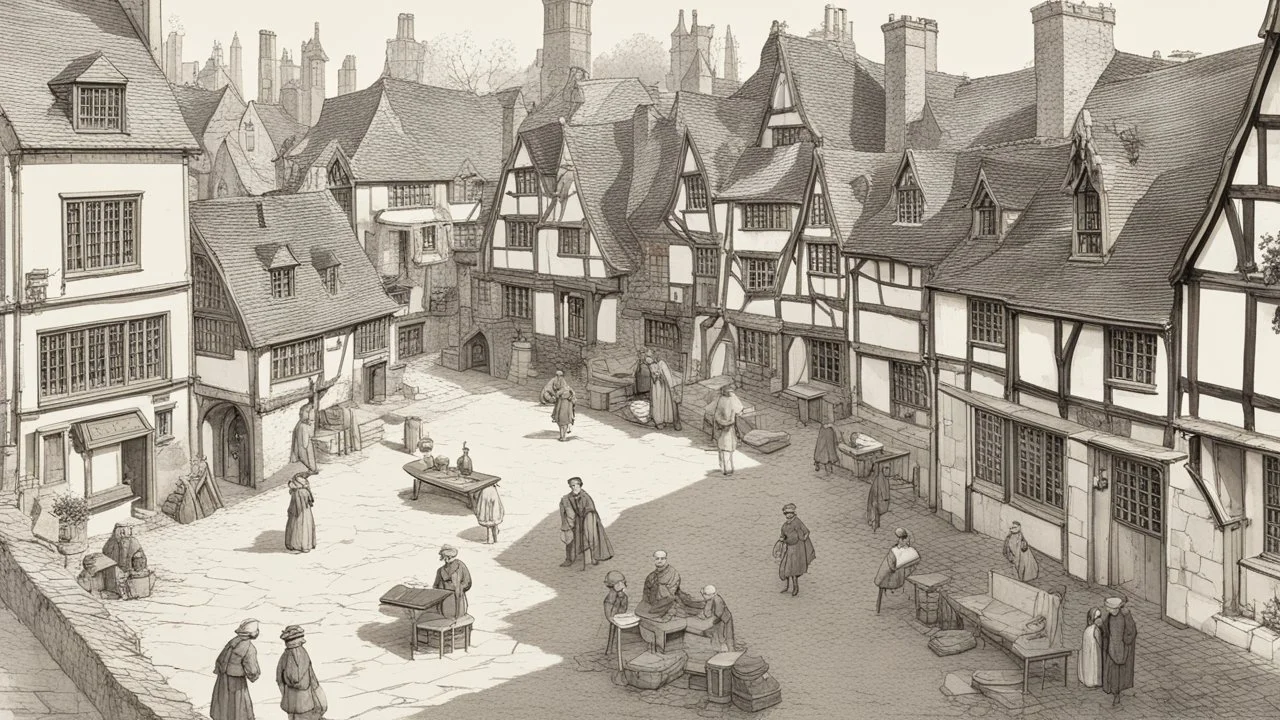 A Paved Courtyard, With Tudor Gothic Houses, Tall Chimneys, Crooked Roofs, a small stream, People, Shops,