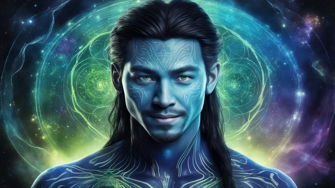 beautiful gorgeous young man na'vi with long hair, Avatar, blue skin, two small ears, green eyes, black hair, in cosmic suit, galactic ambiance, medium pointy goatee , smiling, nebulas and sacred geometry light figures on the backgroud,