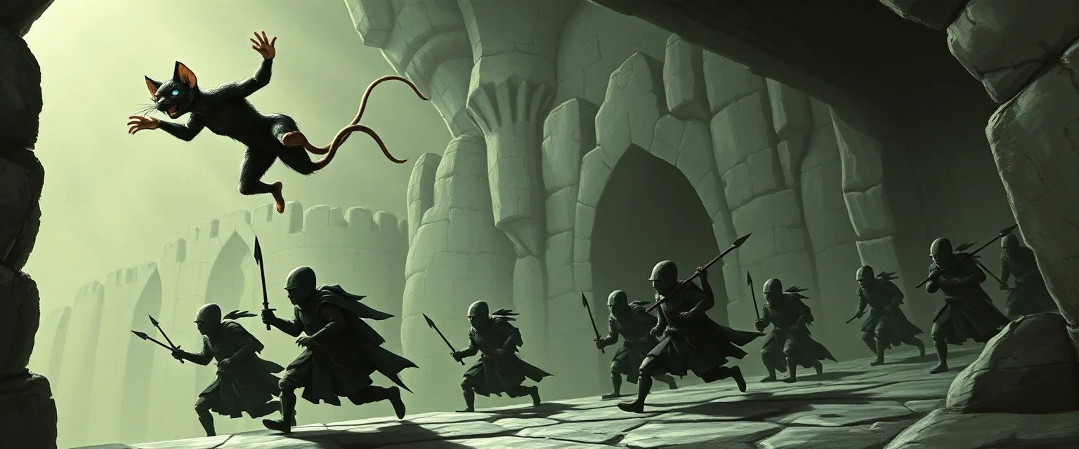 fantasy art, style of Escher ,Cat-and-mouse chase: A nimble figure leaps over the party's heads, pursued by guards. It's a wererat. They have a 50% chance of dropping a stolen pouch (containing 3d6 gp).
