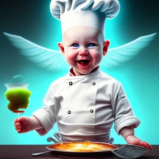 a happy human baby chef called tobias leander with no hair,halo, wings, drinking, sitting in chair, photo realistic spray painting, book cover illustration